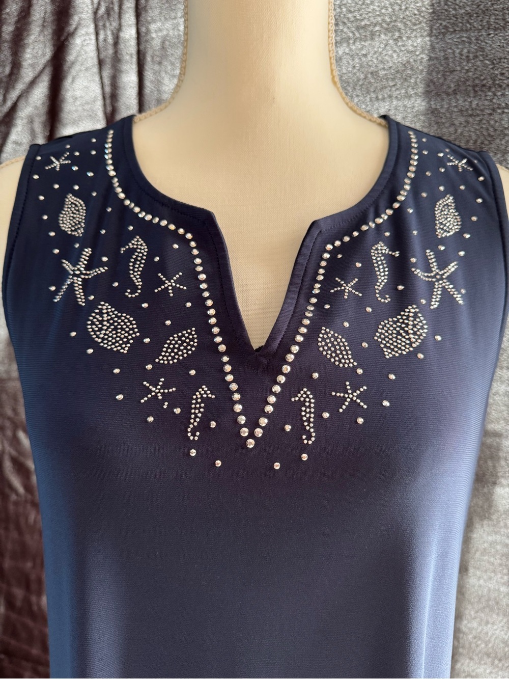 Navy Sleeveless Dress with Rhinestone Sea Motif